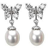 Sunlight Butterfly Pearl Drop Platinum Overlay CAREFREE Sterling Silver Earrings, White