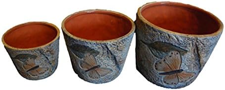 Clay Set of 3 Different Size Round Embossed Earthenware Planters or Herb Pots