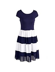 Summer Ruched Pleated Colorblocking Cap Sleeves Cocktail Chiffon/Polyester Round Neck Striped Print Evening Dress/Party Dress 