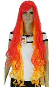 Qiyun Long Curly Wavy Hot Red Orange Mix Layered Full Wig Costume