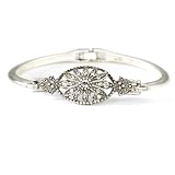 Art Deco Look Crystal Floral Motif Antiqued Silver Tone Bracelet