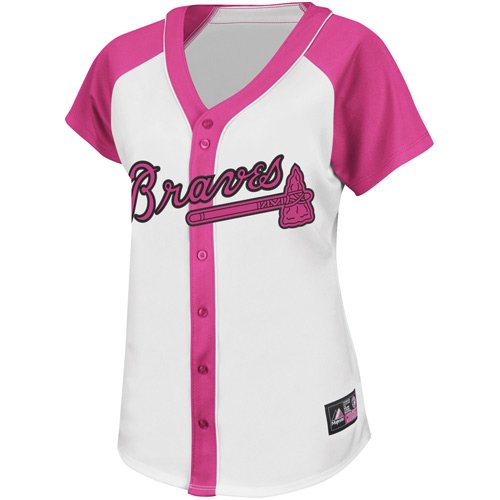 MLB Women's Atlanta Braves Short Sleeve 5 Button Synthetic Replica Baseball Jersey (White/Pink Splash, Medium)