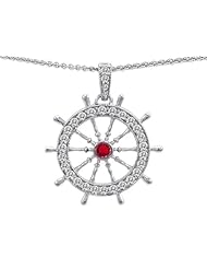 Original Star K (tm) Captain Wheel Pendant With Round Created Ruby And Cubic Zirconia in 925 Sterling Silver