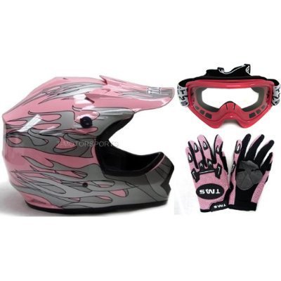 TMS® Youth Pink Dirt Bike ATV Motocross Helmet with Goggles and Gloves (Large)