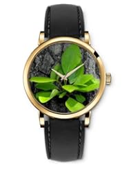 SPRAWL Aanalog Fashion Series Gold Ladies Watches of Genuine Black Leather Strap,Unique Wrist Watch for Women Girls Designed with green leaves