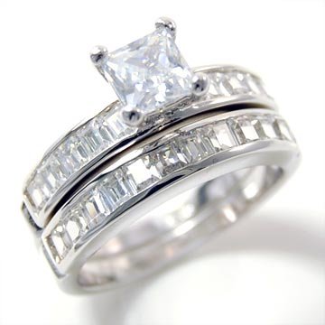 Double Band Sterling Silver Engagement Wedding Ring Set With Baguette-Cut Crystals -- Size 9