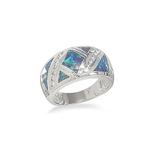 CZ and Synthetic Blue Opal Band Ring Sterling Silver