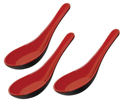 (3 Pack) Asian Red and Black Melamine Soba, Rice Spoons / Chinese Won Ton Soup Spoon On Sale