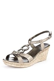 Leather Open Toe Diamanté Crossover Bling Wedge Sandals