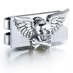 Men's J.GOODMAN Sterling Silver Skull&Bones Moneyclip with .08ct tw Black Diamonds