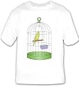 T-shirt with canary, fagelbur, domestic, parrot, parakeet, cage, tray, hanging, food, exotic, avian, bird, animal