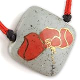 Painted Blush Red Lotus With Fine Gold Detail - Cherry Red Woven Accents - Gray Musk Hand Made Diamond Shape Ceramic Pendant - Dark Brown Adjustable Necklace