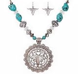 Parure Bijoux Cowgirl western Rodeo Big Longhorn - Metal argente / Pierres Turquoise #029947