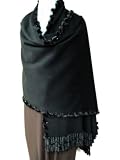 Luxurious 100% Black Cashmere Stole w/Mink & Jet Beaded Whip Trims