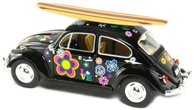 6 pcs in Box: 6Â½" 1967 Volkswagen Classic Beetle with Flower Decals and Surfboard 1:24 Scale (Black/Blue/Red)