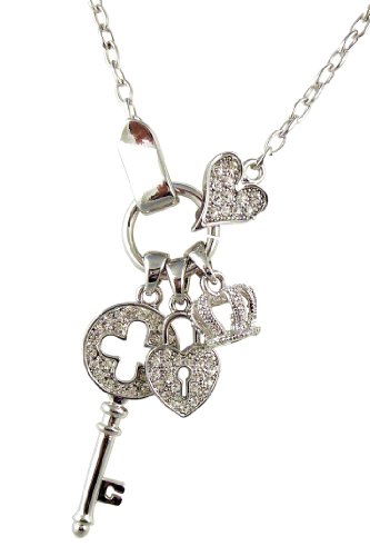 Silver Tone Designer Style Crystal Heart Padlock, Crown, Key, Charm Couture Necklace for Women Teens
