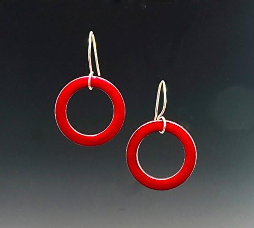 Bold Red Enamel Earrings Circles in Copper and Sterling Silver by Laura Bracken Designs
