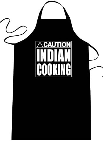 CAUTION - INDIAN COOKING - Funny Apron; Long Length 30" x Full Width 28" Kitchen Aprons for Men, Women, & Teens (Unisex) One Size Fits Most; Cotton Polyester Blend with Adjustable Neck; Great gift idea.