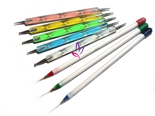 La Demoiselle Sable Nail Art Brushes Pen, Detailer Liner and Striper Set of 3 Plus 5 x 2 Way Marbleizing Dotting Pen with Bonus Rhinestones and Fimo Fruit and/or Flower Slices