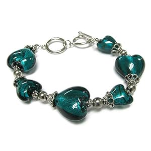 Aqua Murano Glass Heart Link Toggle Bracelet Fashion Jew