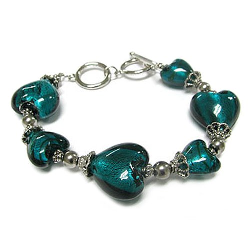 Aqua Murano Glass Heart Link Toggle Bracelet Fashion Jewelry