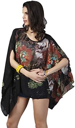Mlianby Women's Flowing Chiffon Big Yards Bat Sleeve Printed T-shirt Black