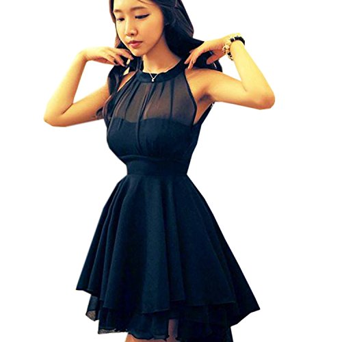 (ミネトメ)Minetom レディース　女性 ワンピース　無袖　シフォン　露背系　非対称　セクシー　丸ネック　チュニック　フォーマル　イブニングドレス　カクテル　パーティー