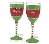 Set Of 4 Naughty And Nice Hand Blown Wine Glasses/Goblets Holiday Stemware