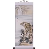 Hand-Painted 48" Oriental Wall Art Scroll - Tiger on the River Bank With White Border