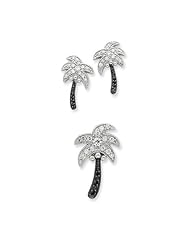 Sterling Silver Black & White Cz Palm Tree Slide Pendant And Post Earrings