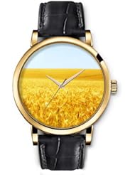 SPRAWL Aanalog Fashion Series Gold Ladies Watches of Genuine Black Leather Strap,Unique Wrist Watch for Women Girls Designed with Wheat Field