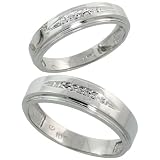 10k White Gold 2-Piece His (6mm) & Hers (5mm) Diamond Wedding Band Set, w/ 0.05 Carat Brilliant Cut Diamonds; (Ladies Size 5 to10; Mens Size 8 to 14)