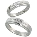 10k White Gold 2-Piece His (6mm) & Hers (5mm) Diamond Wedding Band Set, w/ 0.05 Carat Brilliant Cut Diamonds; (Ladies Size 5 to10; Men's Size 8 to 14)