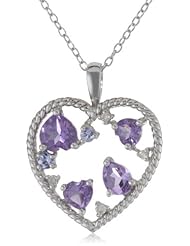 Sterling Silver Amethyst, Tanzanite and Diamond Heart Pendant Necklace (0.05 cttw, G-H Color, I2-I3 Clarity), 18"