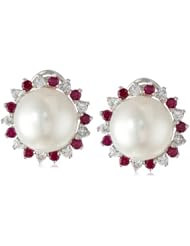 Sterling Silver White Freshwater Cultured Pearl with Created White Sapphire and Ruby Earrings