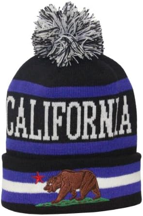 Knitted California Grizzly Bear Long Cuffed Pom Beanie (Black/Royal Blue)