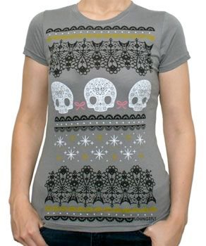Women's Sugar Skull Lace and Bow Juniors Tee Shirt