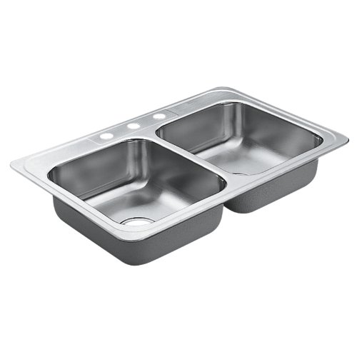 Moen 22826 Excalibur 3 Hole Stainless Steel 22 Gauge Double Bowl Drop In Sink StainlessB000UNZ002