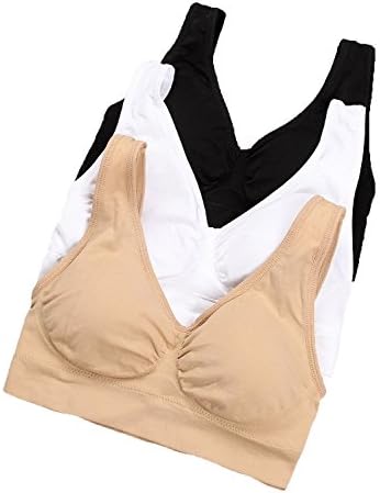 Women's 3 Pack Seamless Stretchy Cotton Wire-Free Padded Sports Bra, Black/White/Nude, XXXL