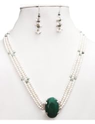 Designer 3 Strands Natural Pearl & Green Emerald Beaded Necklace with 925 Sterling Silver Emerald Clasp + Free Earrings