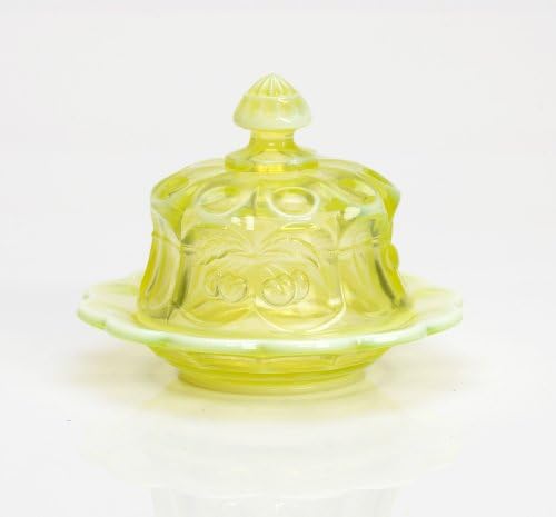 Large Domed Vaseline Opalescent Glass Cherry Pattern Covered Butter Dish
