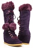 Purple Pom-Poms Furry Platform Lace-Up Knee Vegan Wedge Boots