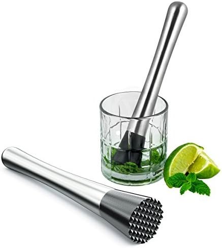 Mixologist Muddler | Hefty Stainless Steel and Non Scratch Nylon Grooved 8.5 Inch Cocktail Muddler Bar Tool Set | Superb for Mojito, Mint Julet, Caipiroska and More | Sleek Silver
