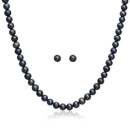 Sterling Silver 5.5-6.0mm Peacock Freshwater Cultured Pearl Stud Earrings and Necklace Set