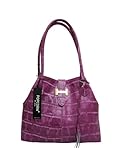POPCORN MILANO Italian Made Designer Tote in Magenta Crocodile Embossed Leather