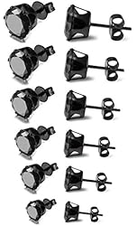 FIBO STEEL Stainless Steel Mens Womens Stud Earrings Black Round Cubic Zirconia Inlaid, 6 Pairs 3mm-8mm