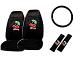 5-Piece Cherry Red Auto Interior Gift Set- A Set of 2 Universal Fit Seat Covers, 1 Steering Wheel Cover, and 2 Shoulder Pads