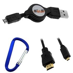 GTMax 6FT Micro-HDMI to HDMI Cable (Black) + Micro-USB Retractable Cable for Amazon Kindle Fire HD 7' , Kindle Fire HD 8.9' / Kindle Fire HD 8.9' 4G LTE and Other Tablets / Cellphones / Cameras with * Belt Clip *