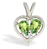 14K White Gold Genuine Pear Peridot and Diamond Pendant