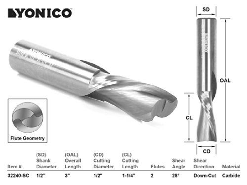 Yonico 32240-SC CNC Router Bit Down Cut Solid Carbide with 1/2-Inch X 1-1/4-Inch X 1/2-Inch X 3-Inch 1/2-Inch Shank